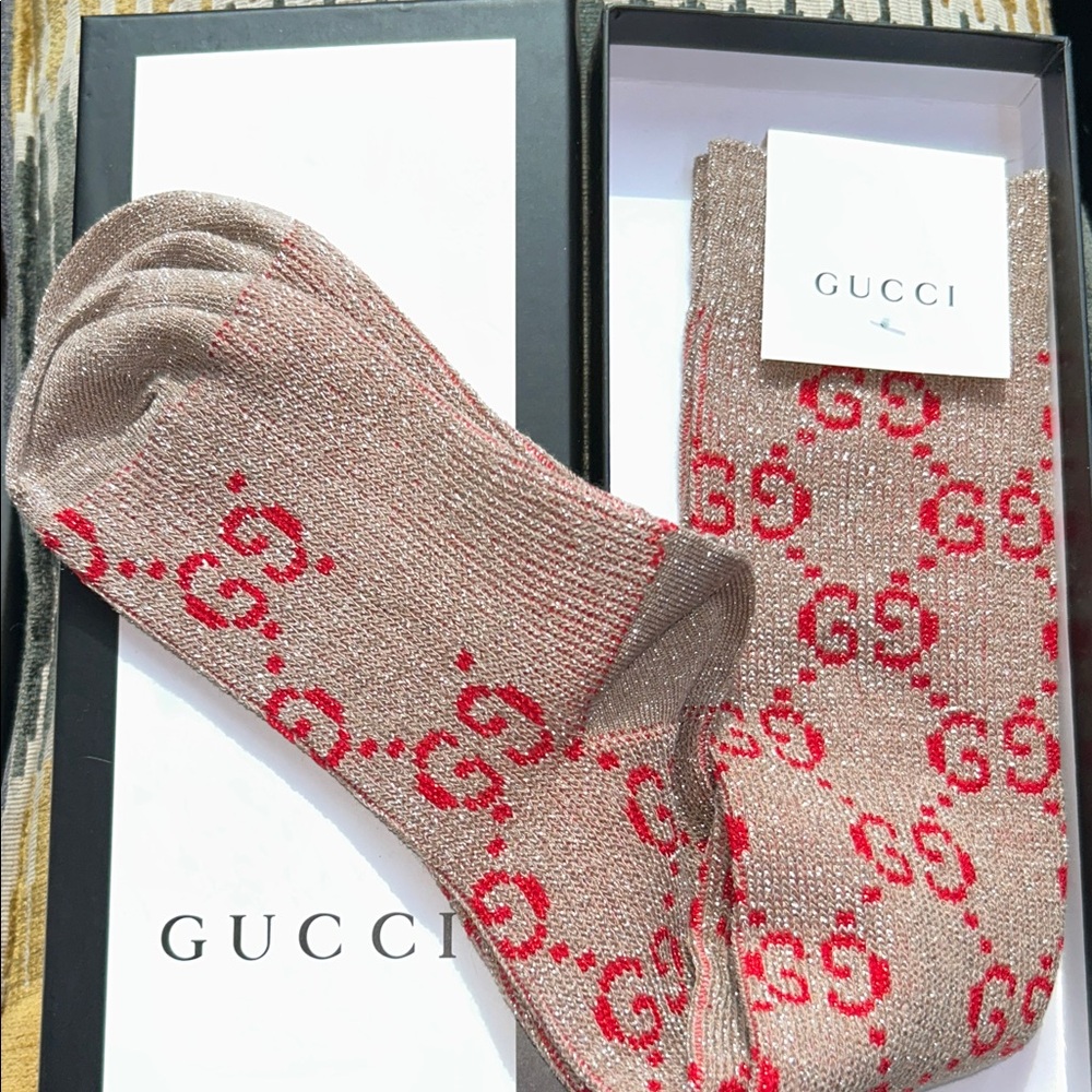 Gucci Beige and Red GG Pattern Socks